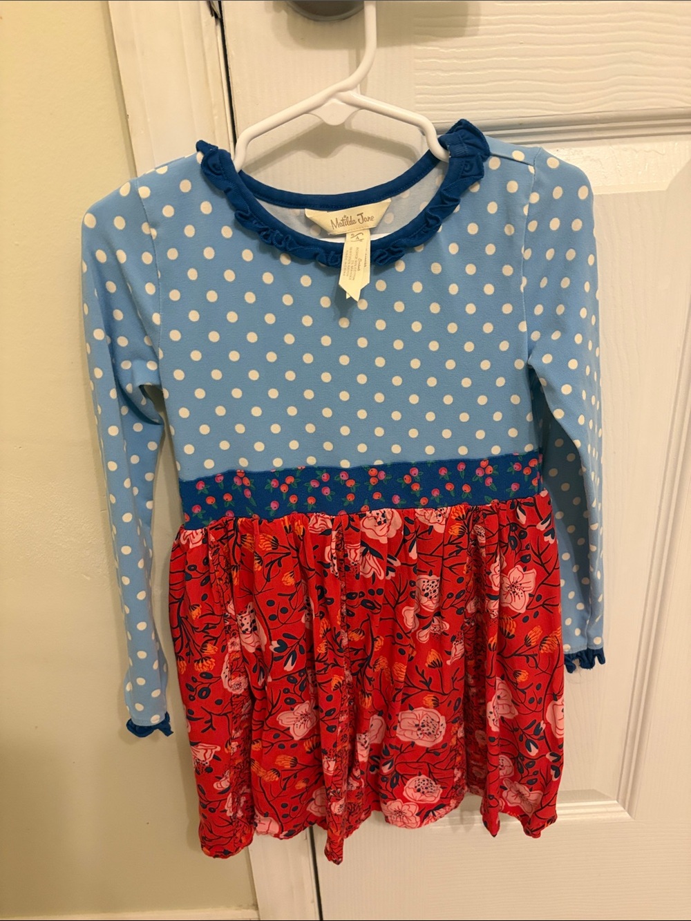 Matilda Jane Light Blue Polka Dot Top with Red Floral Skirt Dress